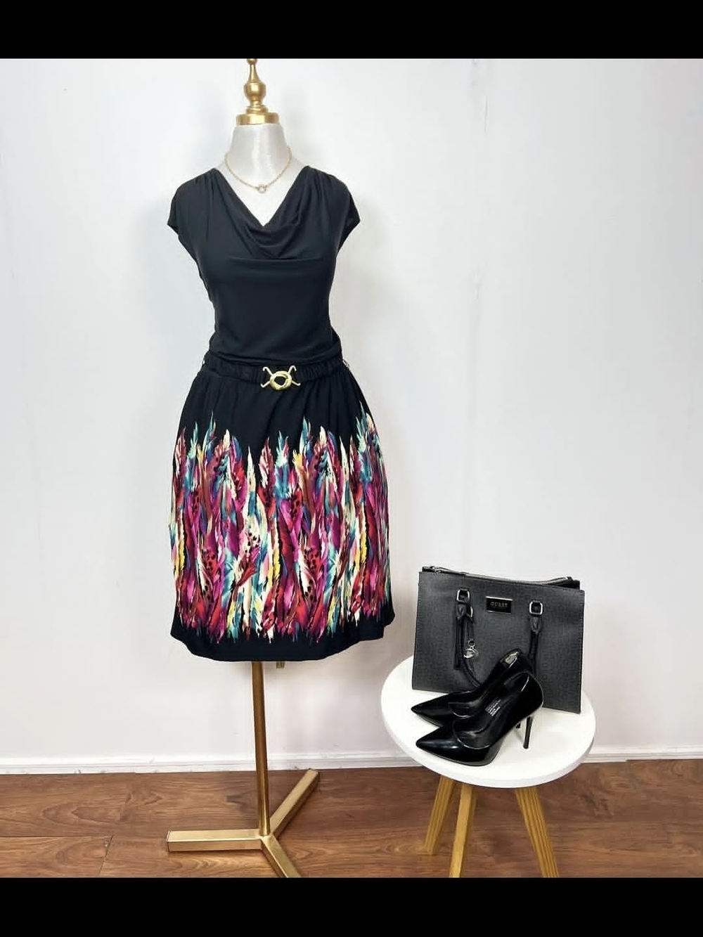 Black A-Line Dress with Multicolor Feather Print